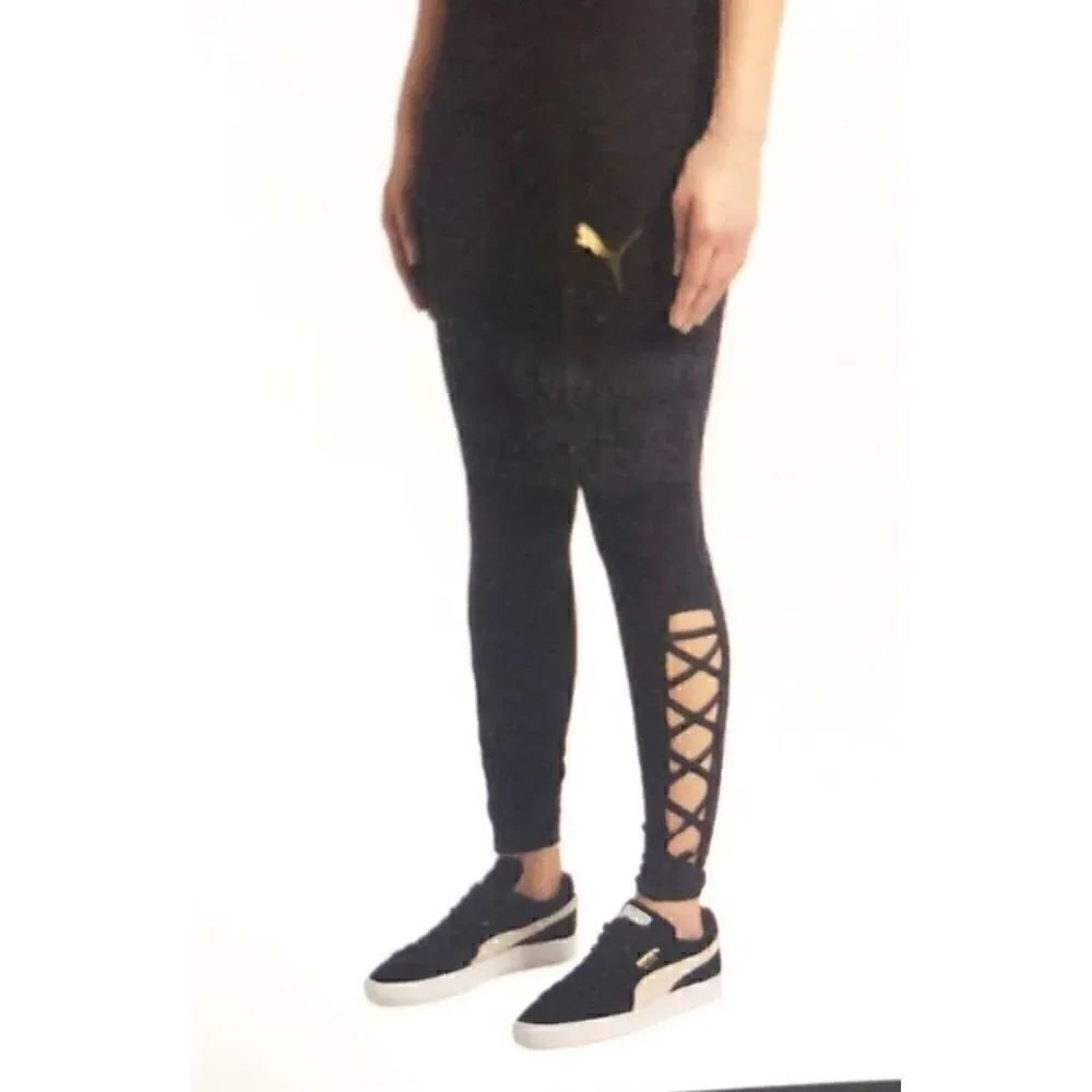 💕Puma Medium black Active Joggers Leggings with gold Puma logo and Open Sides